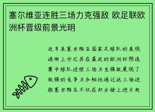 塞尔维亚连胜三场力克强敌 欧足联欧洲杯晋级前景光明