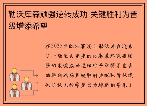 勒沃库森顽强逆转成功 关键胜利为晋级增添希望