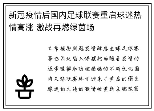 新冠疫情后国内足球联赛重启球迷热情高涨 激战再燃绿茵场